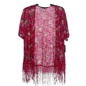 Sweet Rain NWT Red Boho Floral Open Front Cardigan Med. Fringe & Lace